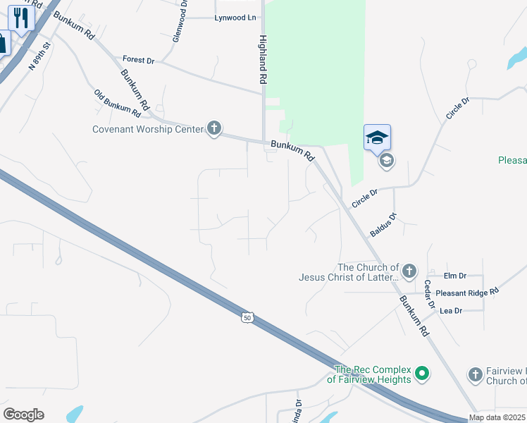 map of restaurants, bars, coffee shops, grocery stores, and more near 9200 Rivindale Court in Fairview Heights