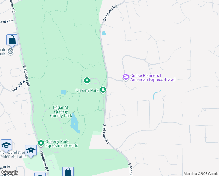 map of restaurants, bars, coffee shops, grocery stores, and more near 1632 South Mason Road in St. Louis