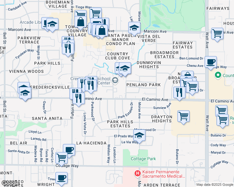 map of restaurants, bars, coffee shops, grocery stores, and more near 2901 El Camino Avenue in Sacramento
