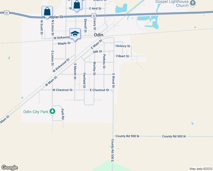 map of restaurants, bars, coffee shops, grocery stores, and more near 401-483 South Wood Street in Odin