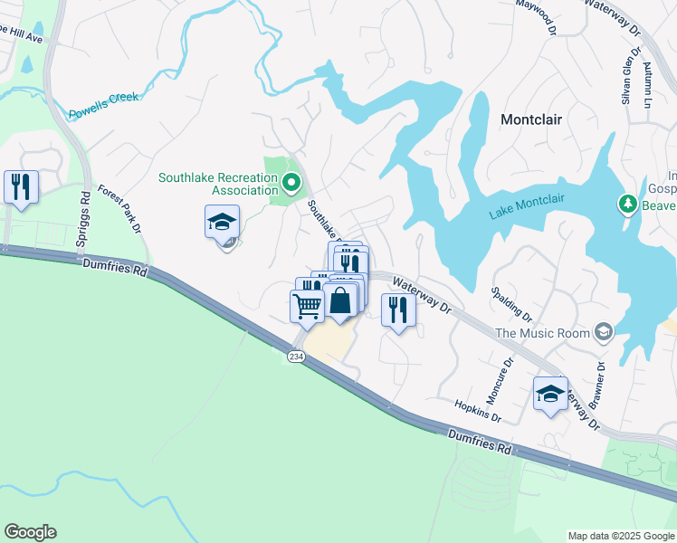map of restaurants, bars, coffee shops, grocery stores, and more near 15733 Marbury Heights Way in Dumfries