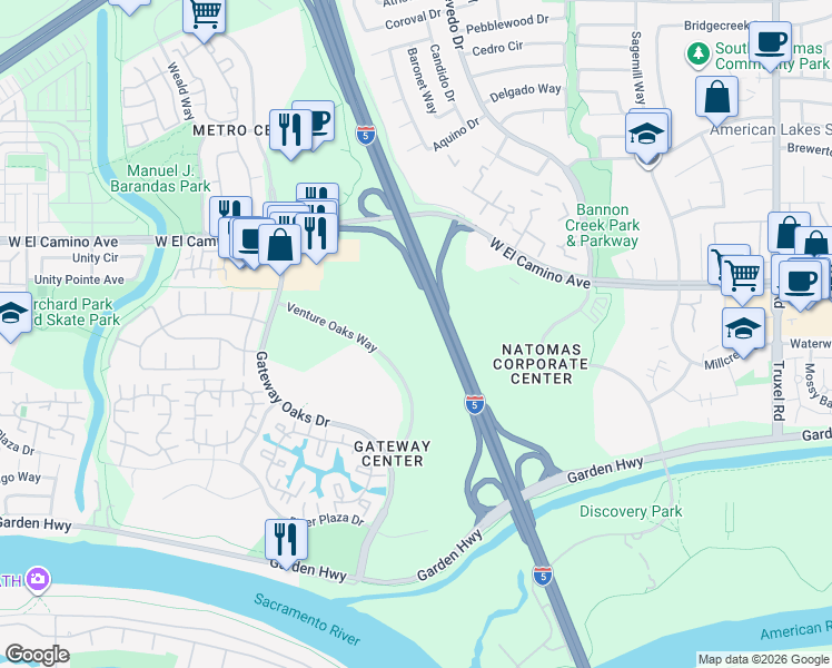 map of restaurants, bars, coffee shops, grocery stores, and more near 2540 Venture Oaks Way in Sacramento