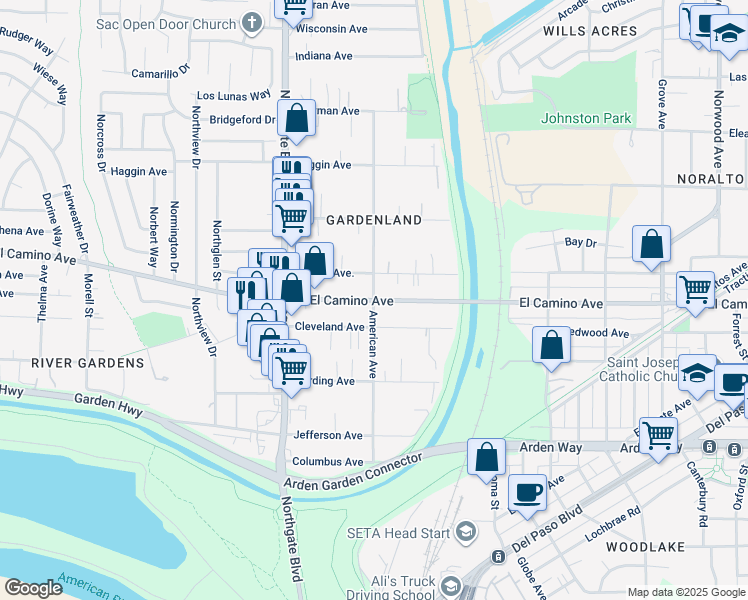 map of restaurants, bars, coffee shops, grocery stores, and more near West El Camino Avenue & American Avenue in Sacramento