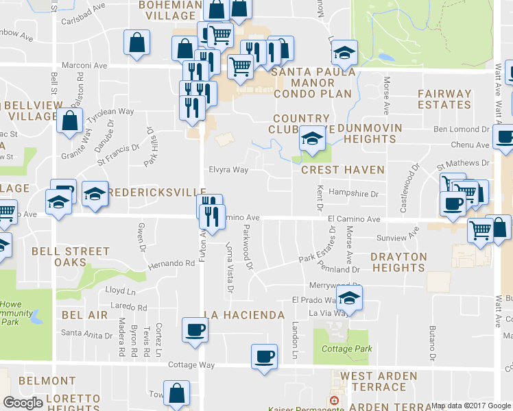 map of restaurants, bars, coffee shops, grocery stores, and more near 2741 El Camino Avenue in Sacramento