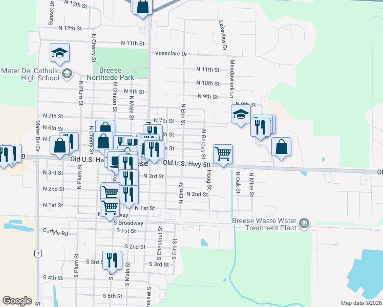 map of restaurants, bars, coffee shops, grocery stores, and more near 498 North Elm Street in Breese