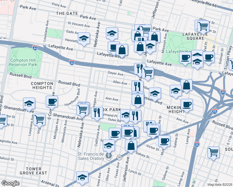 map of restaurants, bars, coffee shops, grocery stores, and more near 2726 Russell Boulevard in St. Louis