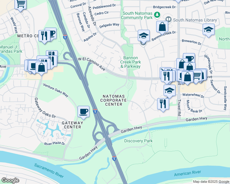 map of restaurants, bars, coffee shops, grocery stores, and more near 2499 Natomas Park Drive in Sacramento