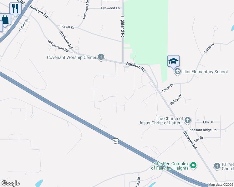 map of restaurants, bars, coffee shops, grocery stores, and more near 9200 Rivindale Court in Fairview Heights