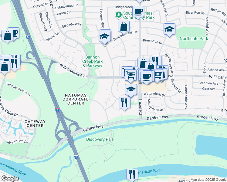 map of restaurants, bars, coffee shops, grocery stores, and more near 2584 Millcreek Drive in Sacramento