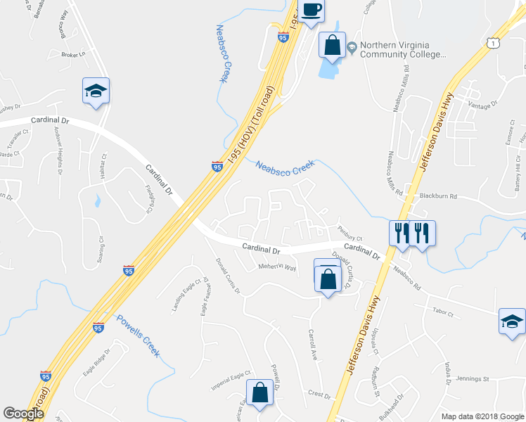 map of restaurants, bars, coffee shops, grocery stores, and more near 2908 Stockholm Way in Woodbridge