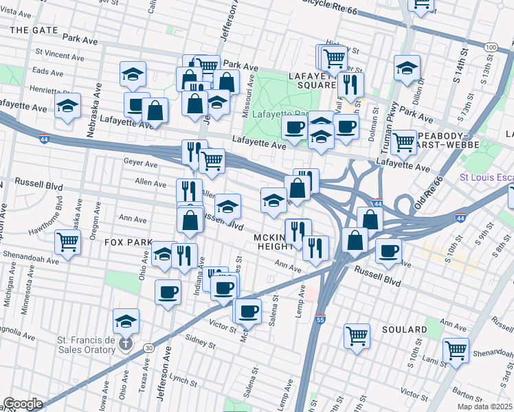 map of restaurants, bars, coffee shops, grocery stores, and more near 1913 Serbian Drive in St. Louis