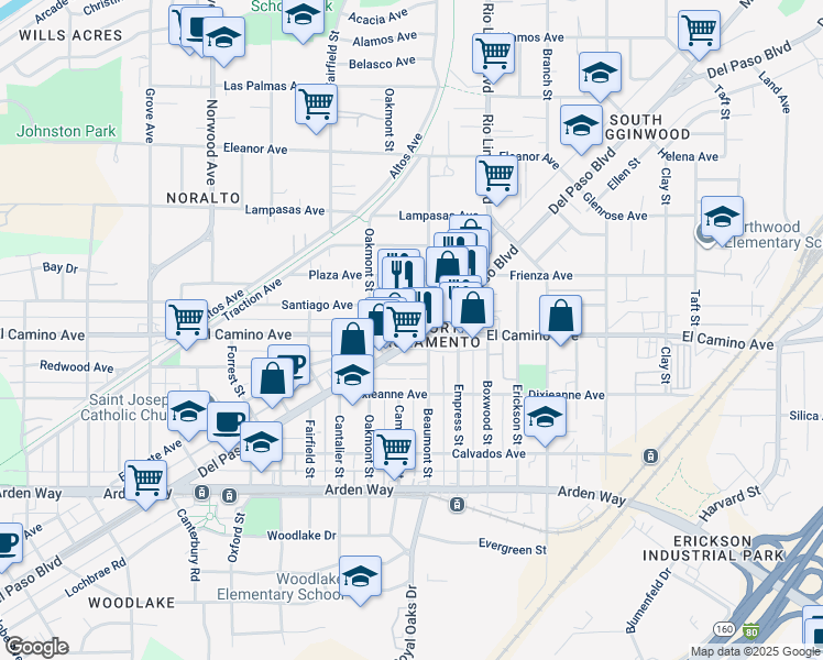 map of restaurants, bars, coffee shops, grocery stores, and more near 765 El Camino Avenue in Sacramento