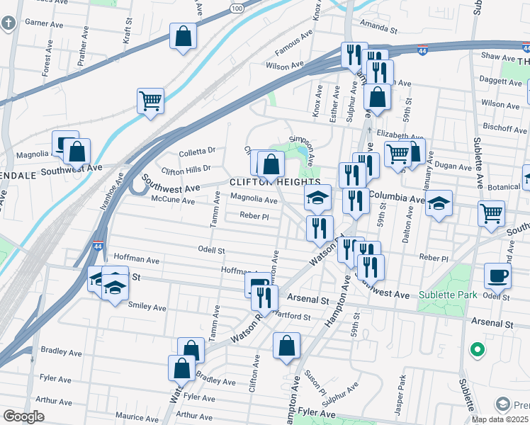 map of restaurants, bars, coffee shops, grocery stores, and more near 6245 Reber Place in St. Louis