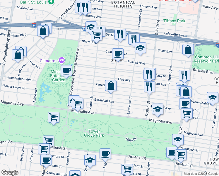 map of restaurants, bars, coffee shops, grocery stores, and more near 4116 Cleveland Avenue in St. Louis