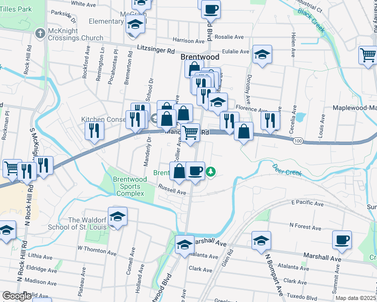 map of restaurants, bars, coffee shops, grocery stores, and more near 8820 Manchester Road in Brentwood