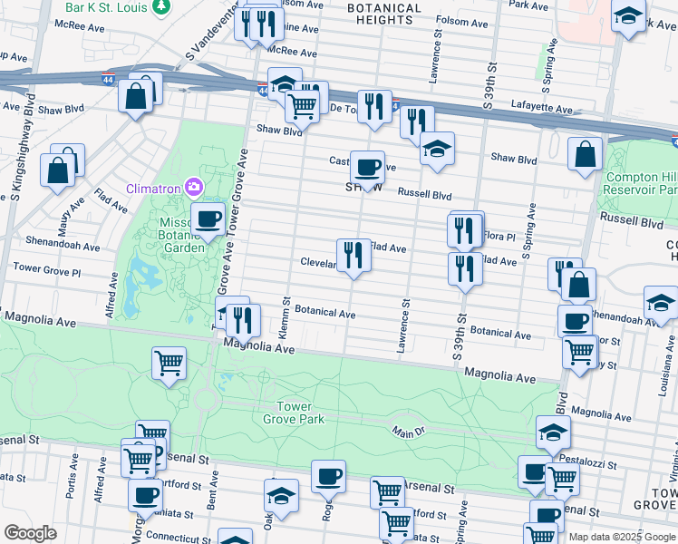 map of restaurants, bars, coffee shops, grocery stores, and more near 4116 Cleveland Avenue in St. Louis