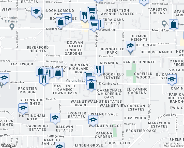 map of restaurants, bars, coffee shops, grocery stores, and more near 2551 Rose Court in Carmichael