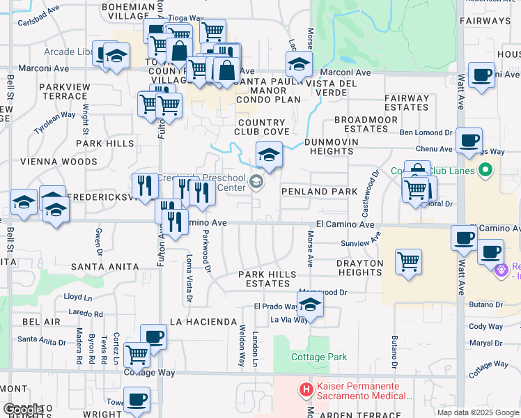 map of restaurants, bars, coffee shops, grocery stores, and more near 2901 El Camino Avenue in Sacramento
