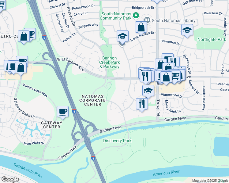 map of restaurants, bars, coffee shops, grocery stores, and more near 2500 Natomas Park Drive in Sacramento