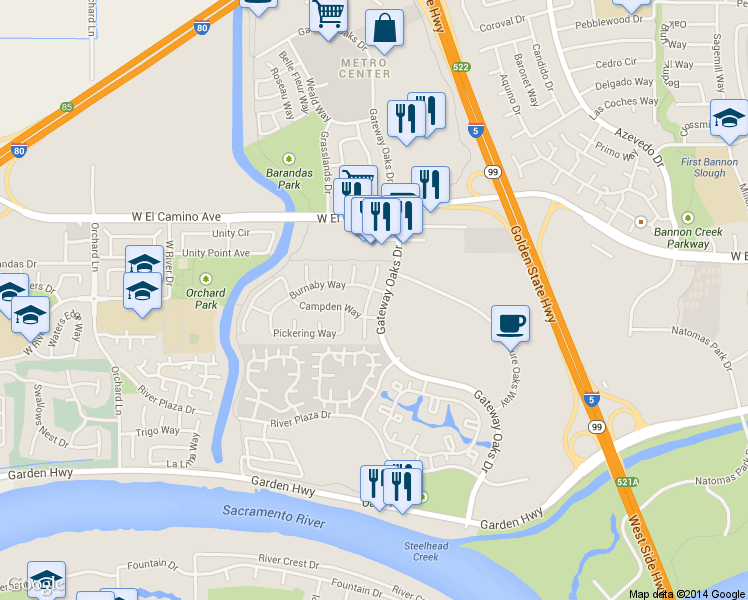 map of restaurants, bars, coffee shops, grocery stores, and more near 2524 Arbury Street in Sacramento
