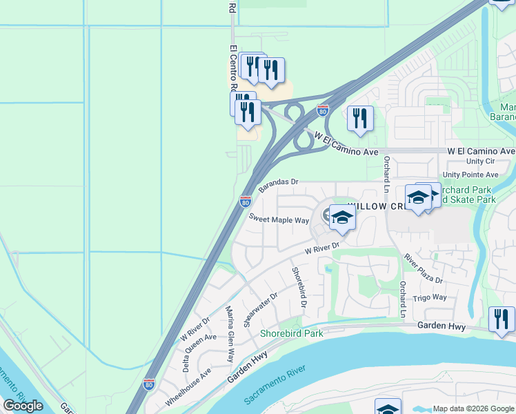 map of restaurants, bars, coffee shops, grocery stores, and more near 34 Blue Fern Court in Sacramento