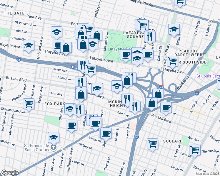 map of restaurants, bars, coffee shops, grocery stores, and more near 1913 Serbian Drive in St. Louis