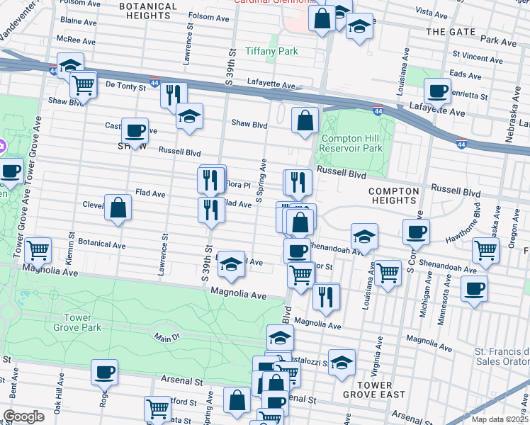 map of restaurants, bars, coffee shops, grocery stores, and more near 3666 Flad Avenue in St. Louis