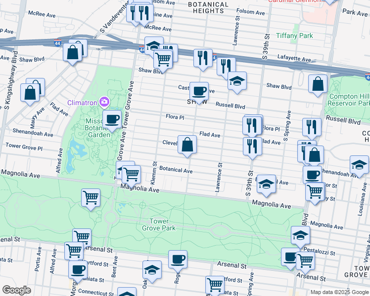 map of restaurants, bars, coffee shops, grocery stores, and more near 4116 Cleveland Avenue in St. Louis