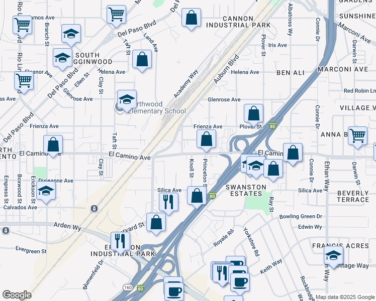 map of restaurants, bars, coffee shops, grocery stores, and more near 1401 El Camino Avenue in Sacramento