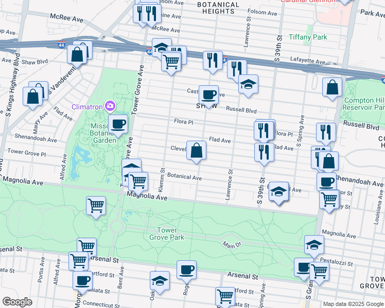 map of restaurants, bars, coffee shops, grocery stores, and more near 4116 Cleveland Avenue in St. Louis