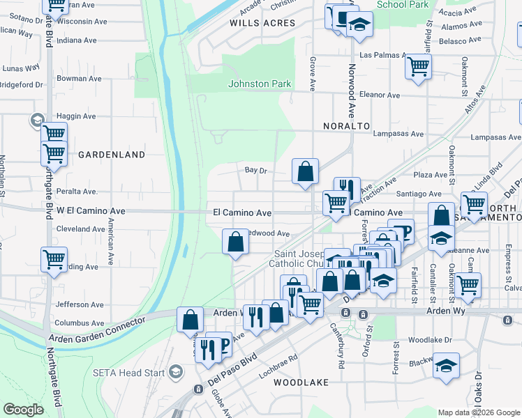 map of restaurants, bars, coffee shops, grocery stores, and more near 179 West El Camino Avenue in Sacramento