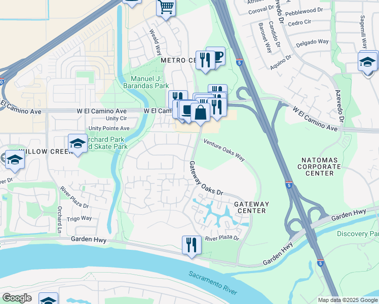 map of restaurants, bars, coffee shops, grocery stores, and more near 2524 Arbury Street in Sacramento