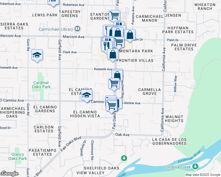 map of restaurants, bars, coffee shops, grocery stores, and more near 6041 Fair Oaks Boulevard in Carmichael