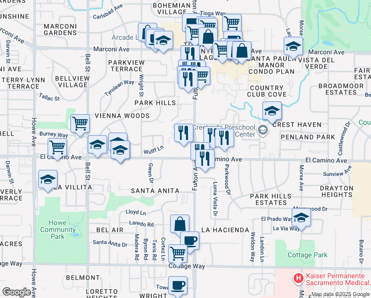 map of restaurants, bars, coffee shops, grocery stores, and more near 2509 Fulton Avenue in Sacramento