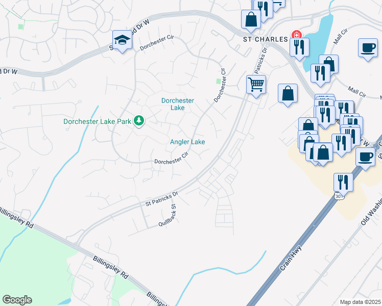 map of restaurants, bars, coffee shops, grocery stores, and more near 5601 Needlefish Court in Waldorf
