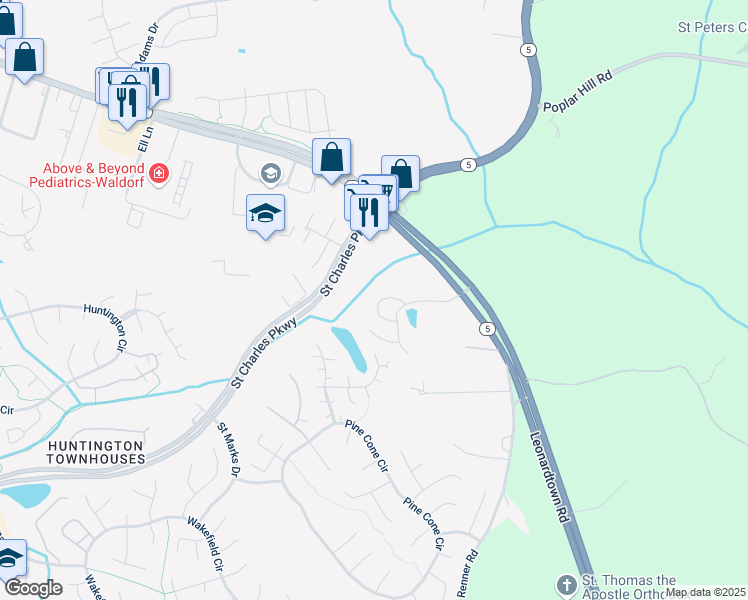 map of restaurants, bars, coffee shops, grocery stores, and more near 12329 Sweetbriar Place in Waldorf