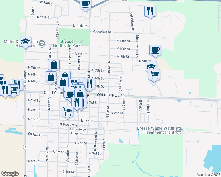 map of restaurants, bars, coffee shops, grocery stores, and more near 498 North Elm Street in Breese