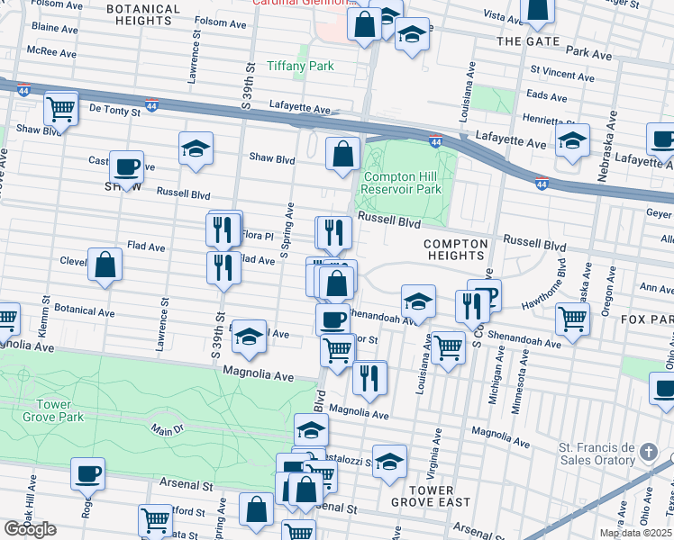 map of restaurants, bars, coffee shops, grocery stores, and more near 3555 Longfellow Boulevard in St. Louis