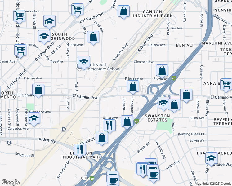 map of restaurants, bars, coffee shops, grocery stores, and more near 1401 El Camino Avenue in Sacramento