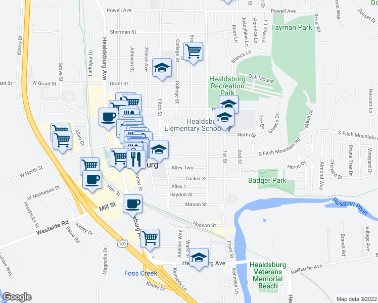 map of restaurants, bars, coffee shops, grocery stores, and more near 403 Matheson Street in Healdsburg