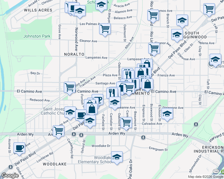 map of restaurants, bars, coffee shops, grocery stores, and more near 663 El Camino Avenue in Sacramento