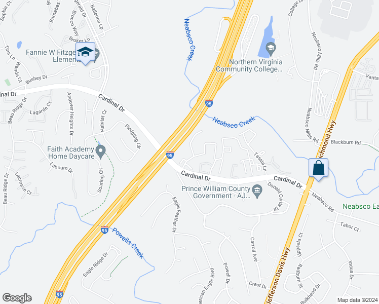 map of restaurants, bars, coffee shops, grocery stores, and more near 15716 Palermo Terrace in Woodbridge