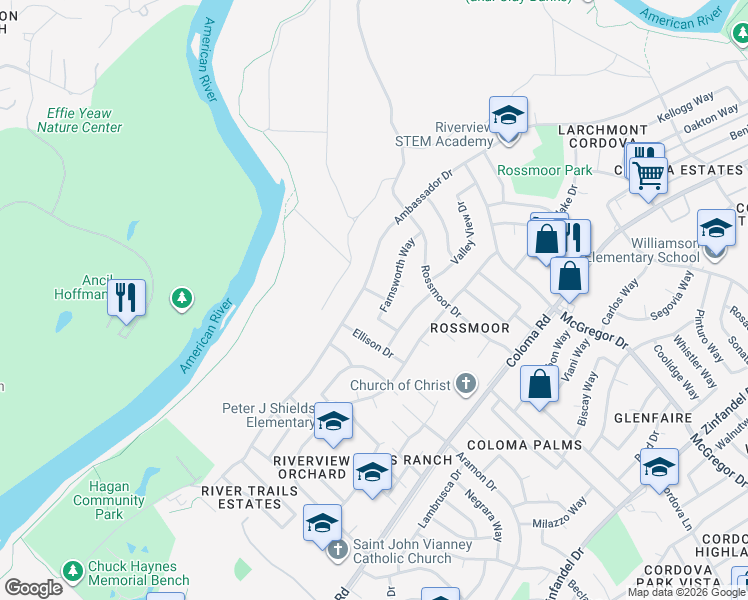 map of restaurants, bars, coffee shops, grocery stores, and more near 10408 Hollydale Way in Rancho Cordova
