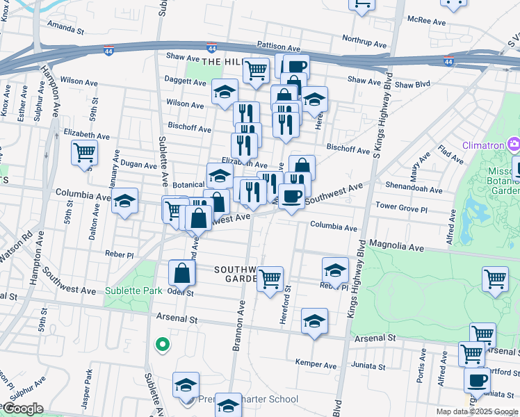 map of restaurants, bars, coffee shops, grocery stores, and more near 5225 Southwest Avenue in St. Louis