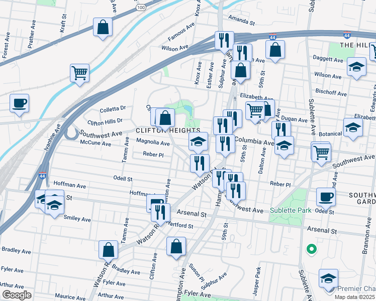 map of restaurants, bars, coffee shops, grocery stores, and more near 6115 Southwest Avenue in St. Louis