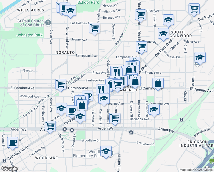 map of restaurants, bars, coffee shops, grocery stores, and more near 2439 Rio Linda Boulevard in Sacramento