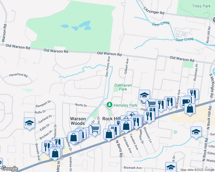 map of restaurants, bars, coffee shops, grocery stores, and more near 9822 Northbridge Road in St. Louis