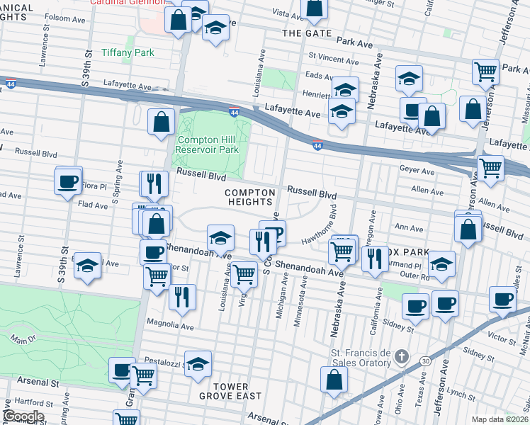 map of restaurants, bars, coffee shops, grocery stores, and more near 3217 Longfellow Boulevard in St. Louis
