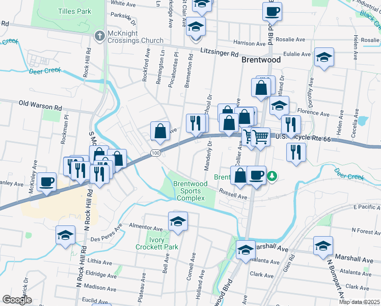 map of restaurants, bars, coffee shops, grocery stores, and more near 2829 Lawndell Drive in Brentwood