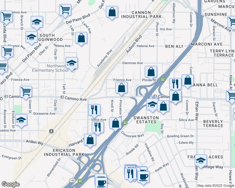 map of restaurants, bars, coffee shops, grocery stores, and more near 1529 El Camino Avenue in Sacramento